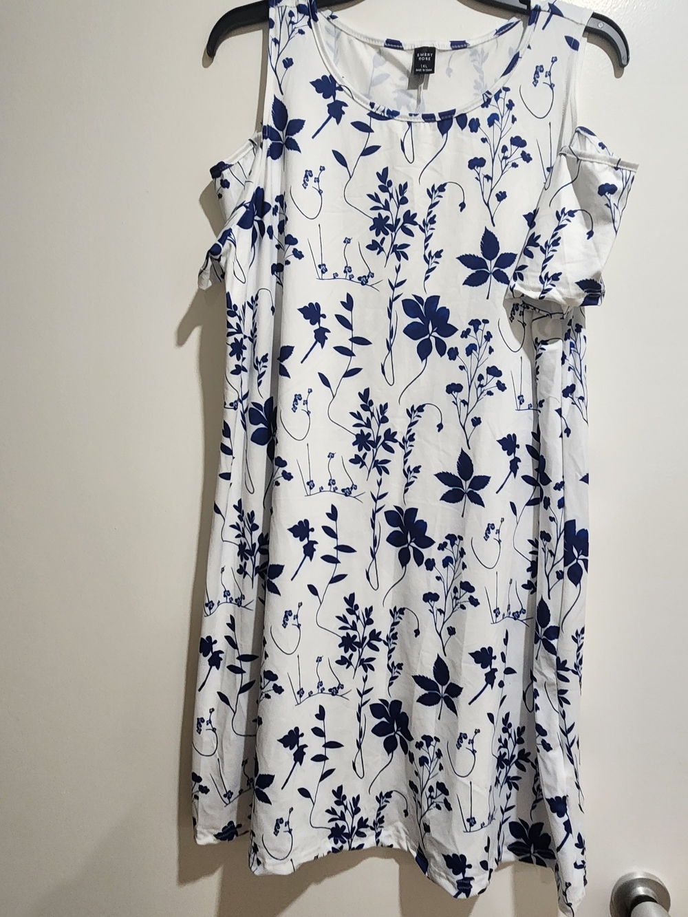 Cold-Shoulder Floral Swing Dress - White with Navy Print